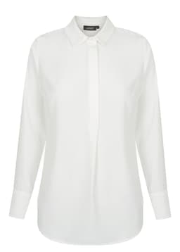 A white, long-sleeved shirt with a half placket and a collar, featuring branding on the neckline.