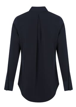 A black long-sleeve shirt with a half placket and a back pleat. It features cuffed sleeves and a classic collar.