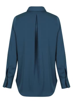 A teal shirt with a half placket and a back pleat, featuring long sleeves and buttoned cuffs. It has a logo.