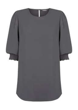 A grey blouse with shirred cuffs and a keyhole back design, featuring a relaxed fit and rounded neckline.