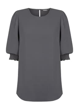 A grey blouse featuring shirred cuffs and a rounded neckline, with a button closure at the back.