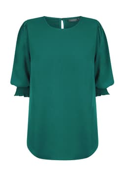 A green top with shirred cuffs and a keyhole back, featuring a relaxed fit and smooth fabric.