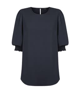 A black blouse with a round neckline and shirred cuffs, featuring a keyhole detail at the back and a smooth finish.