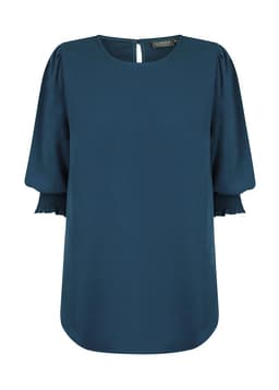 A teal blouse featuring shirred cuffs and a keyhole back detail. The fabric is smooth and flowing.