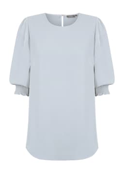 A light blue blouse featuring shirred cuffs and a back opening, with a smooth fabric finish.