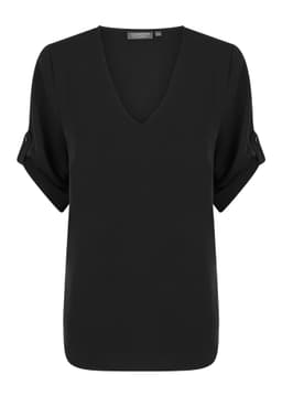 A black V-neck shirt with rolled sleeves and a subtle branding tag at the neckline.