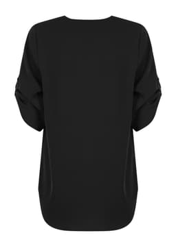 A black V-neck shirt featuring a loose fit and rolled-up sleeves, with a logo on the back.