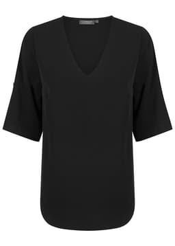 A black V-neck shirt with short sleeves and a rounded hem. It has a brand logo on one sleeve.