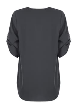 A dark grey V-neck shirt with rolled sleeves, featuring a relaxed fit and smooth fabric. It has a logo detail.