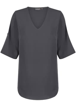 A dark grey V-neck shirt with short sleeves and a slight drape, featuring a brand logo at the neckline.