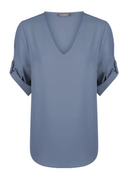 A blue V-neck shirt featuring rolled sleeves and a branding label on the neckline.