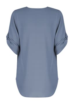 A blue V-neck shirt with rolled sleeves, featuring a smooth fabric and a relaxed fit. The back view is visible.