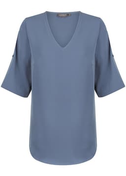 A blue v-neck shirt with short sleeves and decorative buttons on the sleeves, featuring a subtle brand logo.