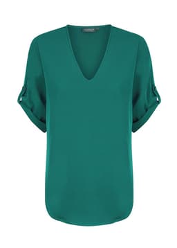 A green V-neck shirt with rolled sleeves and a relaxed fit, featuring a subtle logo.