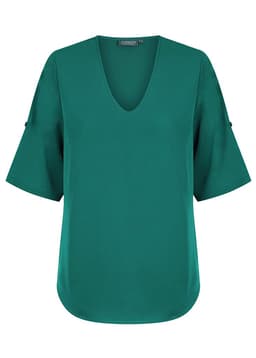 A green v-neck shirt with short sleeves and a rounded hem, featuring a logo on the label.
