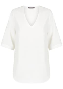 A white V-neck shirt with short sleeves, featuring a smooth fabric and a subtle logo.
