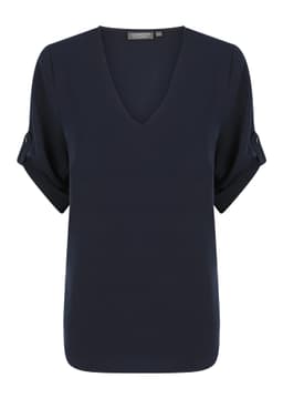 A navy blue V-neck shirt with rolled sleeves and a standard fit. It features a logo on the label.