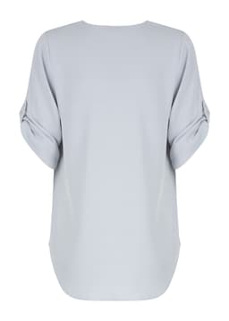 A grey Reese V Neck shirt with rolled sleeves, featuring a smooth back design and a subtle sheen.
