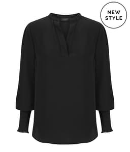 A black long sleeve top with a relaxed fit and a v-neckline, featuring gathered detail on the sleeves.