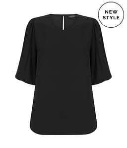 A black puff sleeve top featuring a round neckline and a keyhole detail at the back. It has a branding logo.