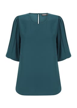 A teal puff sleeve top featuring a round neckline and a keyhole back, designed for casual wear. It has a subtle brand logo.