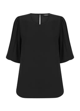 A black puff sleeve top with a loose fit and keyhole back detail. It features a round neckline and gathered sleeves.