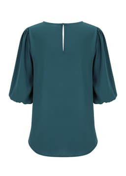 A teal Poppy Puff Sleeve Top featuring a gathered sleeve design and a back keyhole detail. It has a smooth, flowing fabric.