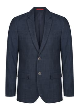 A dark blue blazer with a tailored fit, featuring two buttons and side pockets. Includes a simple logo.