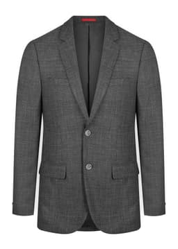 A grey blazer with a textured fabric, featuring two buttons and two front pockets. It has a simple logo on the interior.