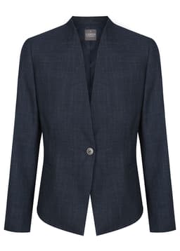 A navy jacket with a modern cut, featuring a single button closure and long sleeves, includes a brand logo.