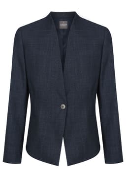 A dark navy jacket with a single button closure and a minimalist design, featuring long sleeves and no collar.