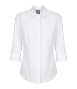 A white shirt with three-quarter sleeves and a collared neckline, featuring a button-up front and a small logo.