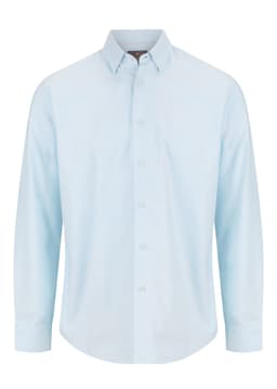 A light blue button-up shirt with a collar and long sleeves, featuring a logo.