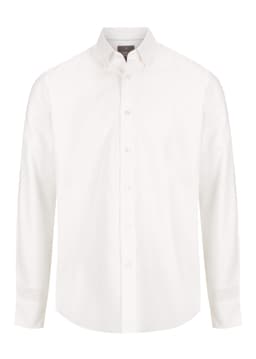 A white button-up shirt with long sleeves and a collar, featuring a branded logo.