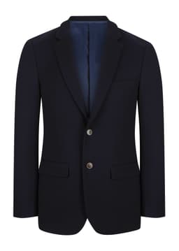 A navy blue men's blazer featuring a single-breasted design, two front pockets, and a tailored fit.