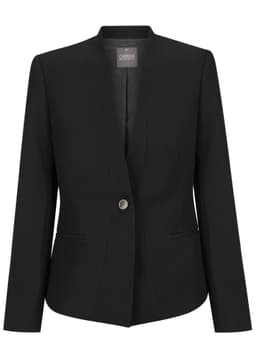 A black women's crop jacket with a single button closure and two front pockets. It features a logo on the label.