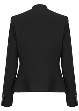 A black women's crop jacket featuring a tailored back design and buttoned sleeves, with a logo.