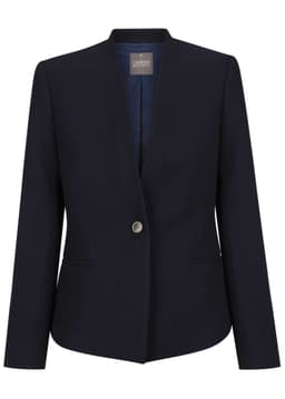 A navy blue women's crop jacket with a single button closure and structured silhouette. Features a logo on the inside.