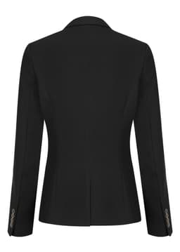 A women's black blazer featuring a tailored fit and long sleeves with button details. It includes a logo.