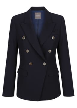 A navy women's blazer featuring double-breasted design and gold buttons, with a structured fit and notched lapels.