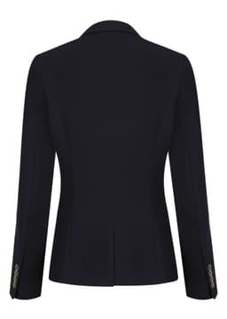 A women's blazer in navy blue, featuring a tailored silhouette and button details on the sleeves.