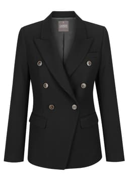A black double-breasted women's blazer featuring a tailored fit and decorative buttons, with two front pockets.