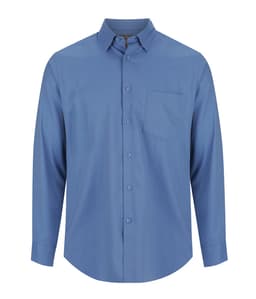A blue long-sleeve shirt featuring a button-down front and a single chest pocket. It has a logo on the fabric.