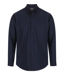 A navy blue long-sleeved shirt with a collar and a single chest pocket. Features a small logo.