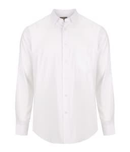 A white long-sleeve shirt with a button-up front and a single chest pocket. Features a subtle logo on the design.