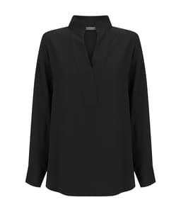 Asha Long Sleeve Top in black, featuring a collarless design and long sleeves. Includes a branding logo.
