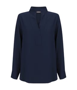 A navy long sleeve top with a collarless neckline and long sleeves, featuring a relaxed fit and branding.