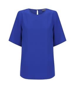 A blue short sleeve top with a round neckline and a back keyhole detail. It has a logo on the label.