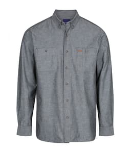 A long-sleeved grey work shirt featuring two chest pockets and a logo on the front.