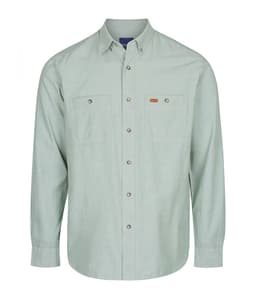 A light green long-sleeve work shirt with two chest pockets and a logo.